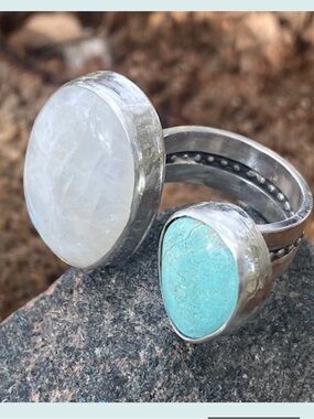 Moonstone and Turquoise Sterling Silver Chunky Dual Adjustable Ring